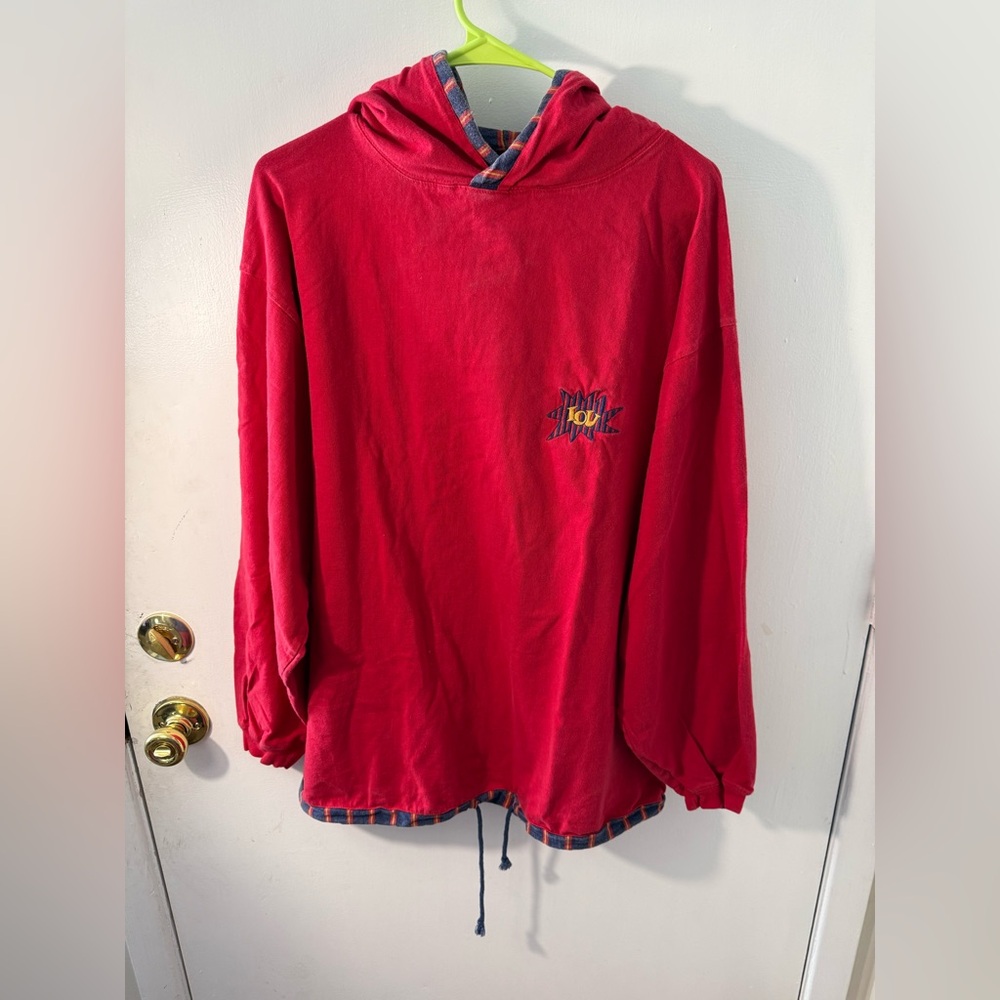 Vintage IOU Brand Red Hooded Sweatshirt with Plaid Accents and Embroidery logo